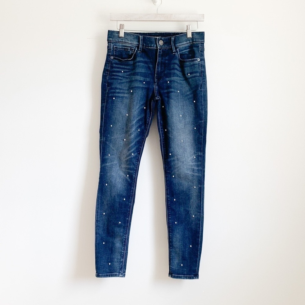 Express Pearl Embellished Blue Denim Mid Rise Ankle Legging 4